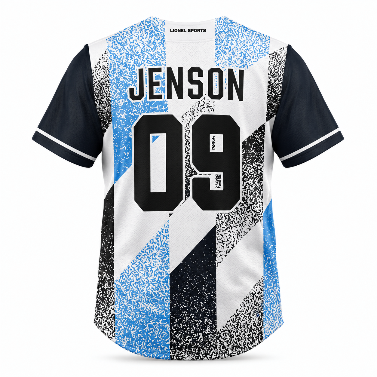 Blue, Black & White Abstract Baseball Team Jersey - Image 3